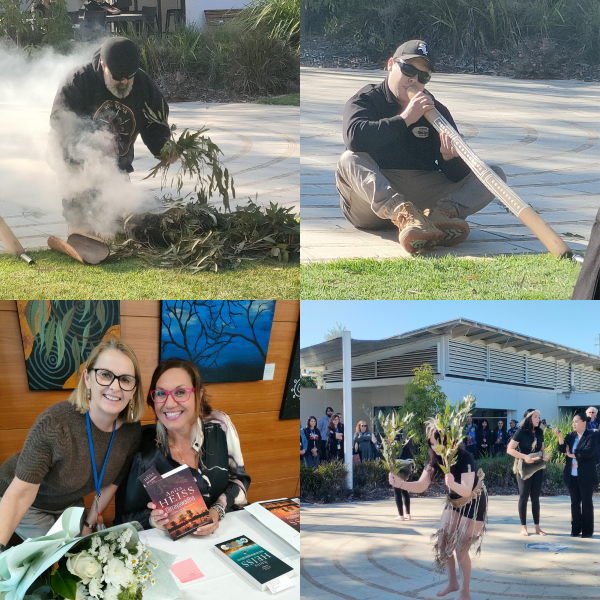 Four photo collage showing the leaves placed on the fire for the smoking, a man playing the didgeridoo, Poche team member with Dr Heiss and her book and the Galnya Yenbena dancers 