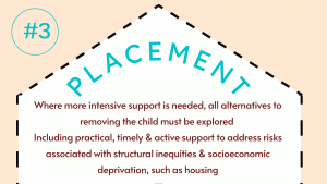 3. Placement: Where more intensive support is needed, all alternatives to removing the child must be explored. Including practical, timely & active support to address risks associated with structural inequities & socioeconomic deprivation, such as housing