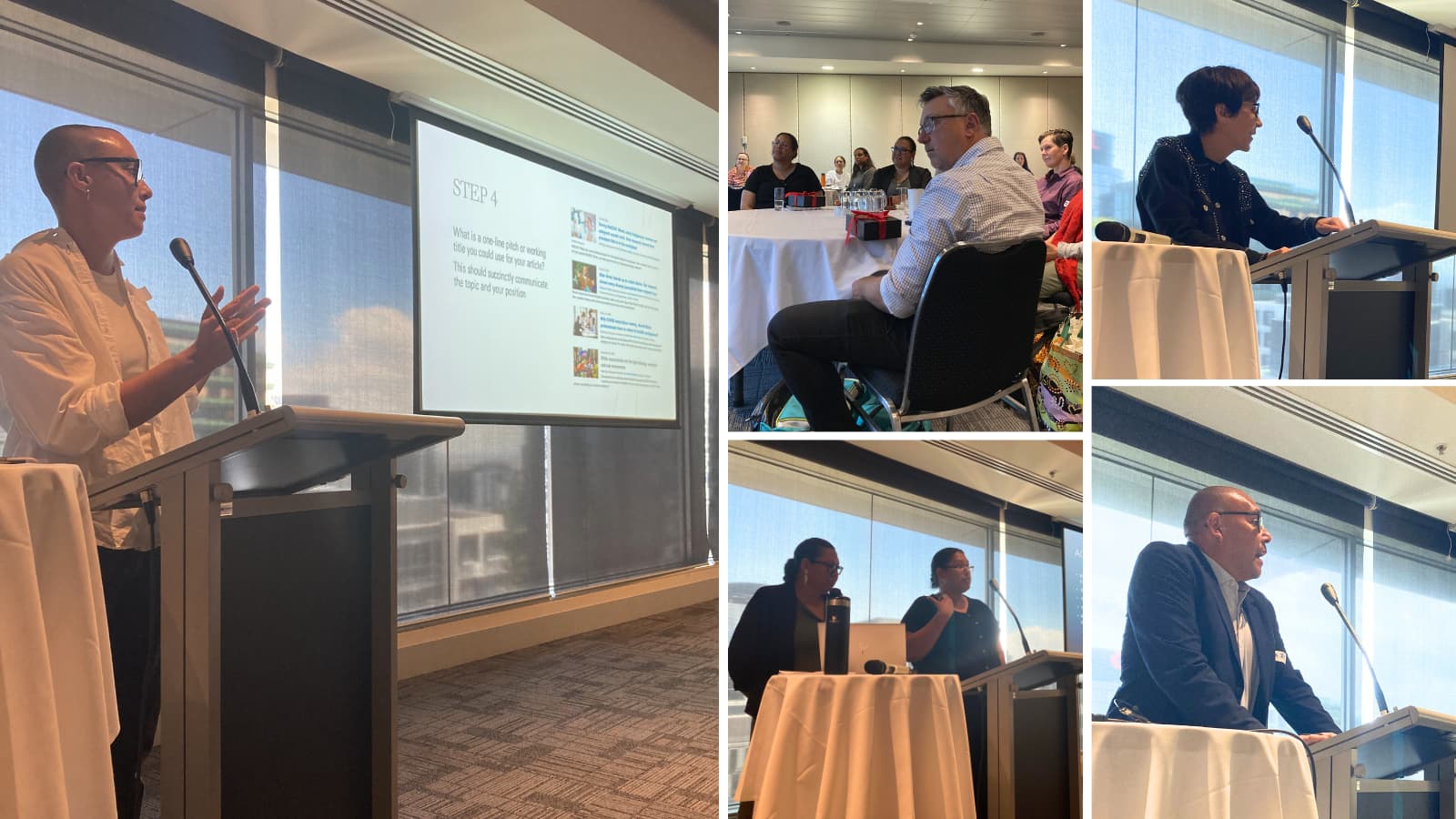 A collage of photos of speakers as follows; Left: Madi Day Top middle: Lowitja CEO Paul Stewart Top right: Dr Cindy Blackstock Bottom middle: Dr Tui and Shani Crumpen Bottom right: Professor Sean Taylor